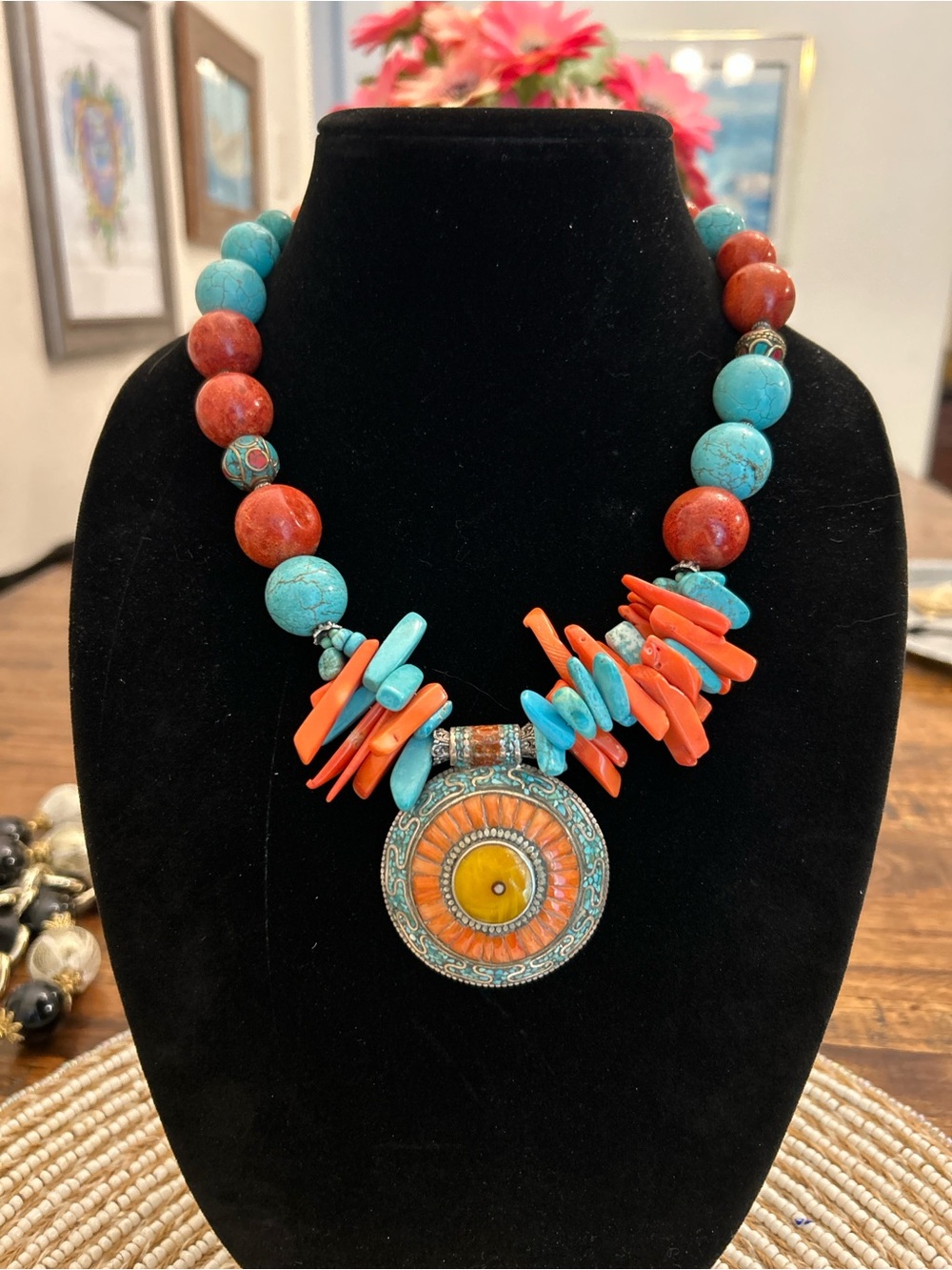 Tibetan Silver Natural Stone Statement Pendant Necklace